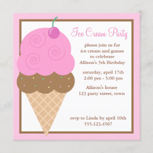Pink Ice Cream Kone Kids Birthday Party Kaart