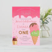 Pink Ice Cream Theme Girl's Eerste Verjaardagsfees Kaart (Staand voorkant)