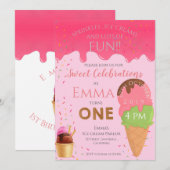 Pink Ice Cream Theme Girl's Eerste Verjaardagsfees Kaart (Voorkant / Achterkant)