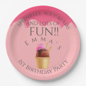 Pink Ice Cream Theme Girl's Eerste Verjaardagsfees Papieren Bordje (Voorkant)