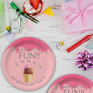 Pink Ice Cream Theme Girl's Eerste Verjaardagsfees Papieren Bordje