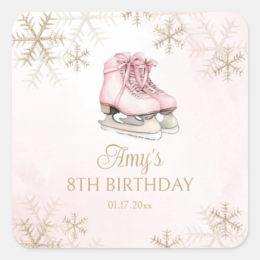 Pink Ice Skating Birthday Gold Glitter Snowflakes Vierkante Sticker (Voorkant)