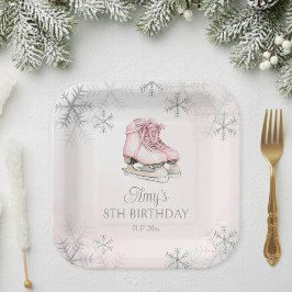 Pink Ice Skating Girl Birthday Silver Snowflakes Papieren Bordje