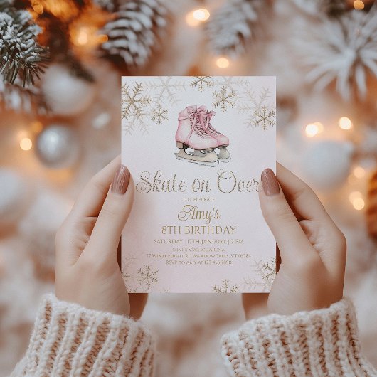 Pink Ice Skating Gold Glitter Snowflake Birthday Kaart