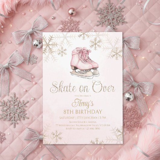 Pink Ice Skating Gold Glitter Snowflake Birthday Kaart