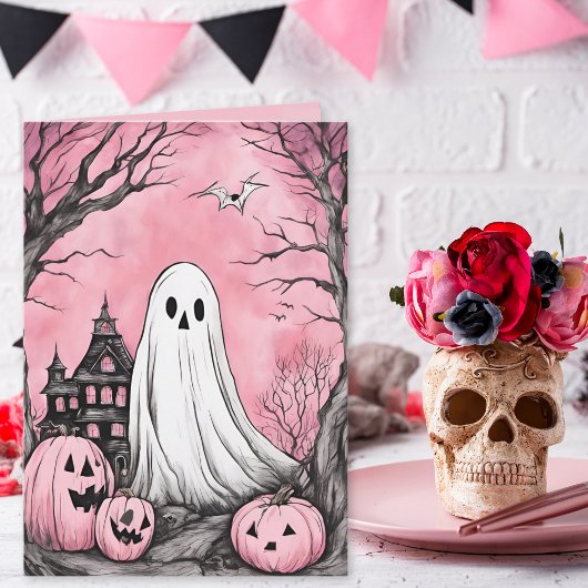 Pink is het nieuwe Oranje spook en pompoen Hallowe Kaart
