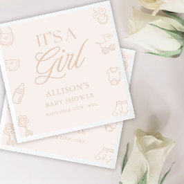 Pink It's a Girl Elegant Hand Drawn Baby Shower Servet