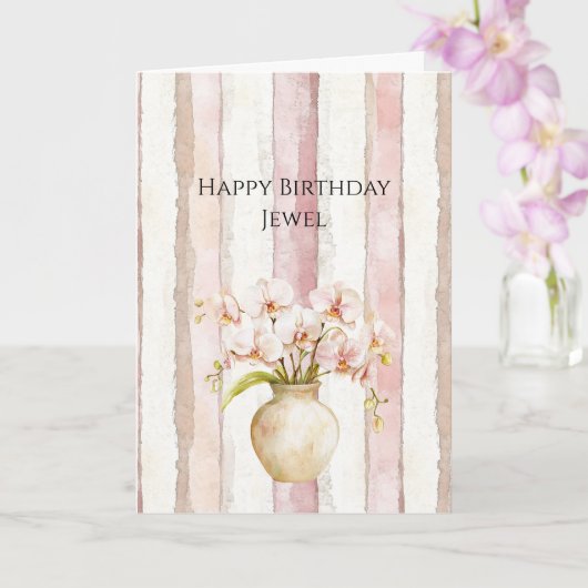 Pink Ivory Cream Stripes Pink Orchids Birthday Kaart (Orchidee)