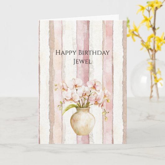 Pink Ivory Cream Stripes Pink Orchids Birthday Kaart (Gele Bloem)
