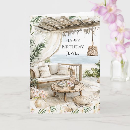Pink Ivory Cream Stripes Pink Orchids Birthday Kaart (Orchidee)
