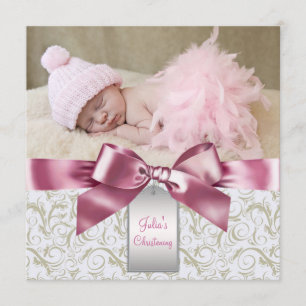 Pink Ivory Swirls Baby Girl Foto Christening Kaart