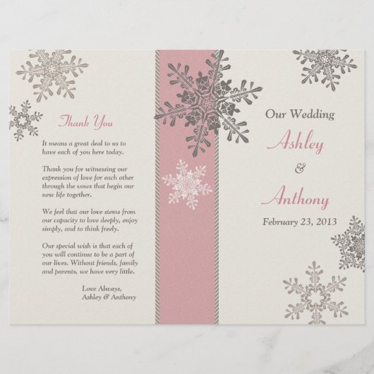 Pink Ivory Taupe Snowflakes Winter Weddenprogramma (Voorkant)