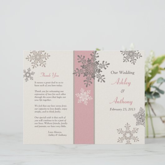 Pink Ivory Taupe Snowflakes Winter Weddenprogramma (Staand voorkant)