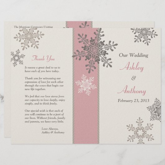 Pink Ivory Taupe Snowflakes Winter Weddenprogramma (Voorkant / Achterkant)