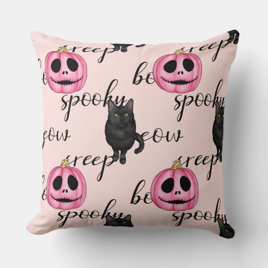 Pink Jack-O-Lantern and Black Cat Kussen (Voorkant)