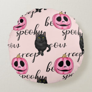 Pink Jack-O-Lantern and Black Cat Rond Kussen