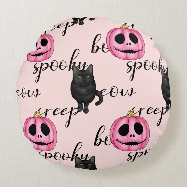 Pink Jack-O-Lantern and Black Cat Rond Kussen (Voorkant)