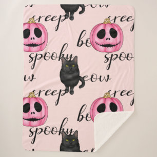 Pink Jack-O-Lantern and Black Cat Sherpa Deken