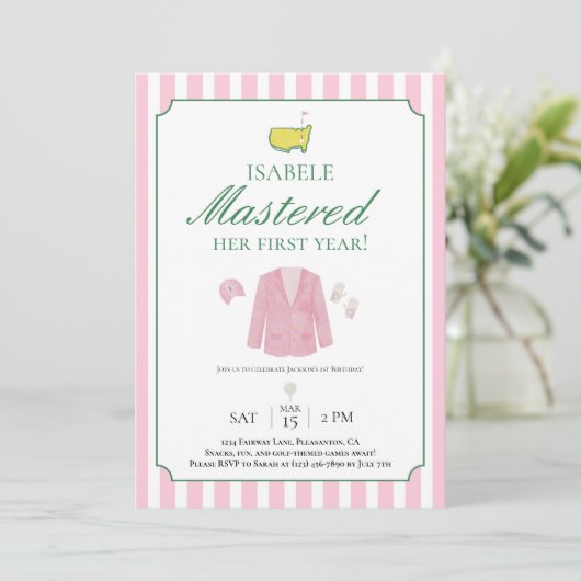 Pink Jacket Golf First Birthday Invitation Bedankkaart (Staand voorkant)