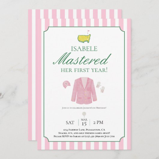 Pink Jacket Golf First Birthday Invitation Bedankkaart (Voorkant / Achterkant)
