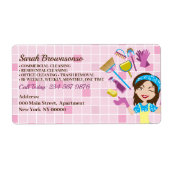 Pink Janitorial Woman Custom Cartoon Cleaning Etiket (Voorkant)