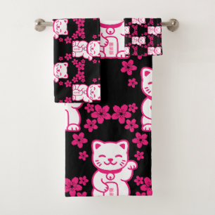 Pink Japanese Maneki-neko Bad Handdoek