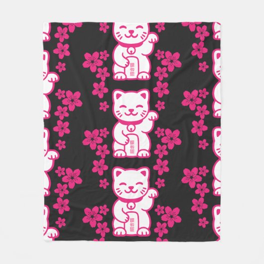 Pink Japanese Maneki-neko Fleece Deken (Voorkant)