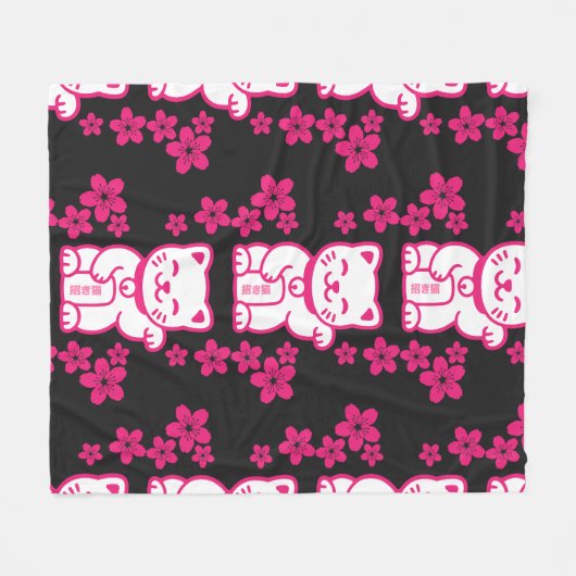 Pink Japanese Maneki-neko Fleece Deken (Voorkant (Horizontaal))