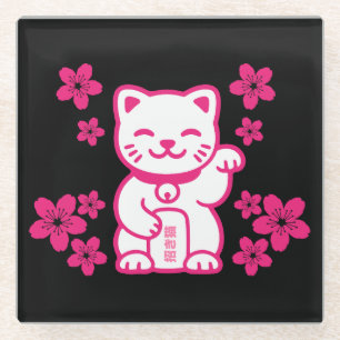 Pink Japanese Maneki-neko Glazen Onderzetter