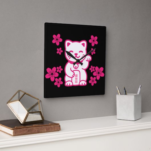 Pink Japanese Maneki-neko Vierkante Klok (Kantoor)