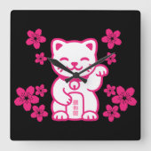 Pink Japanese Maneki-neko Vierkante Klok (Voorkant)