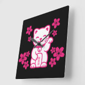 Pink Japanese Maneki-neko Vierkante Klok (Hoek)