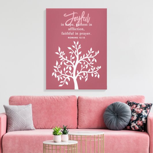 Pink Joyful Bible Verse Tree Religious Canvas Afdruk (Insitu (Woonkamer))