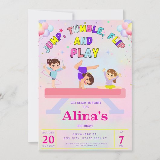 Pink Jump Tumble & Flip Gymnastiek Verjaardag Kaart (Voorkant)