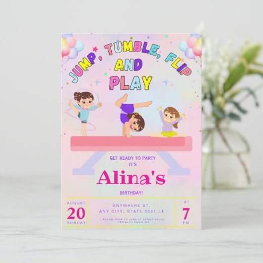 Pink Jump Tumble & Flip Gymnastiek Verjaardag Kaart (Staand voorkant)