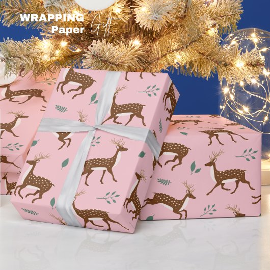 Pink Jumping Herten en bladeren Cadeaupapier