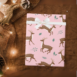 Pink Jumping Herten en bladeren Cadeaupapier