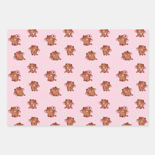 Pink Kawaii Highland Cows Seamless Pattern Inpakpapier Vel (Voorkant 3)