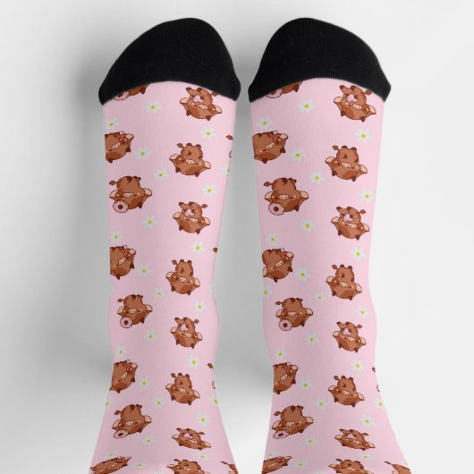Pink Kawaii Highland Cows Seamless Pattern Sokken (Top)