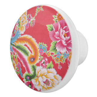 Pink Kimono Flower Peacock Feather Pattern Keramische Knop