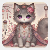 Pink Kimono Princess Cat Vierkante Sticker (Voorkant)