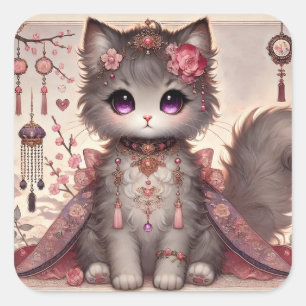 Pink Kimono Princess Cat Vierkante Sticker