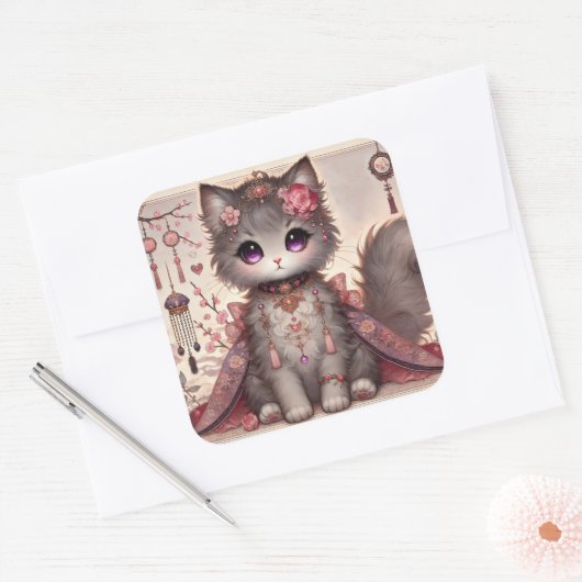 Pink Kimono Princess Cat Vierkante Sticker (Envelop)