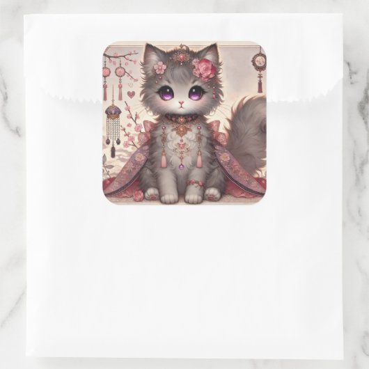 Pink Kimono Princess Cat Vierkante Sticker (Tas)