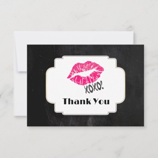 Pink Kissy Lips met xoxo! Goud op zwart dank u Bedankkaart (Voorkant)