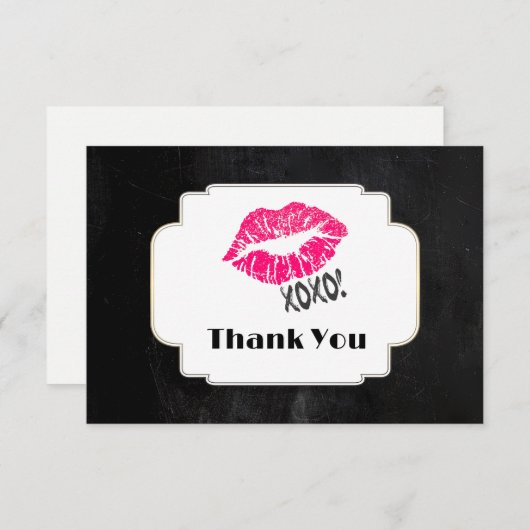 Pink Kissy Lips met xoxo! Goud op zwart dank u Bedankkaart (Voorkant / Achterkant)