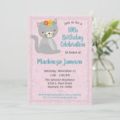 Pink Kitten Birthday Invitation Girls Kitty Cat Kaart (Staand voorkant)