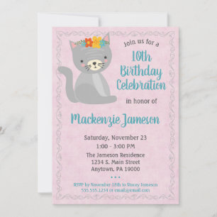 Pink Kitten Birthday Invitation Girls Kitty Cat Kaart