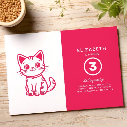 Pink kitten birthday party kaart