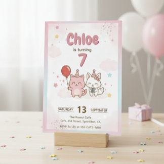 Pink Kitty Birthday Party for Girls Cute Kawaii Kaart